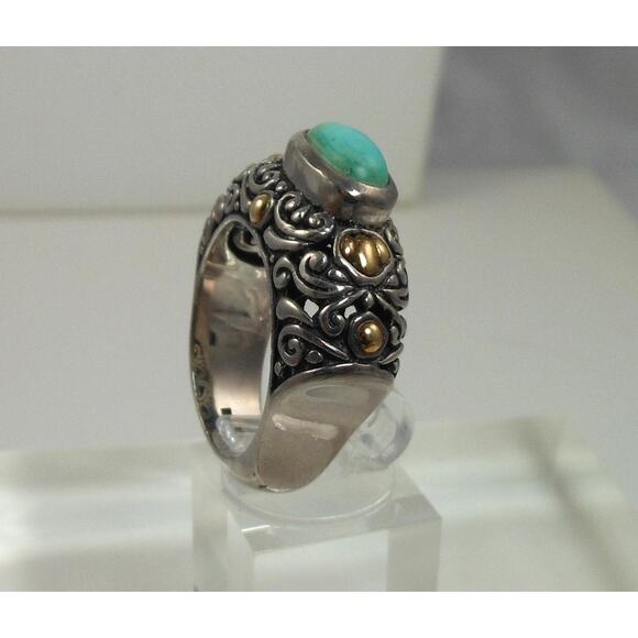 Elegant Vintage Turquoise Ring Sterling Silver 18K Gold Handmade Designer Size 8 - Picture 8 of 10